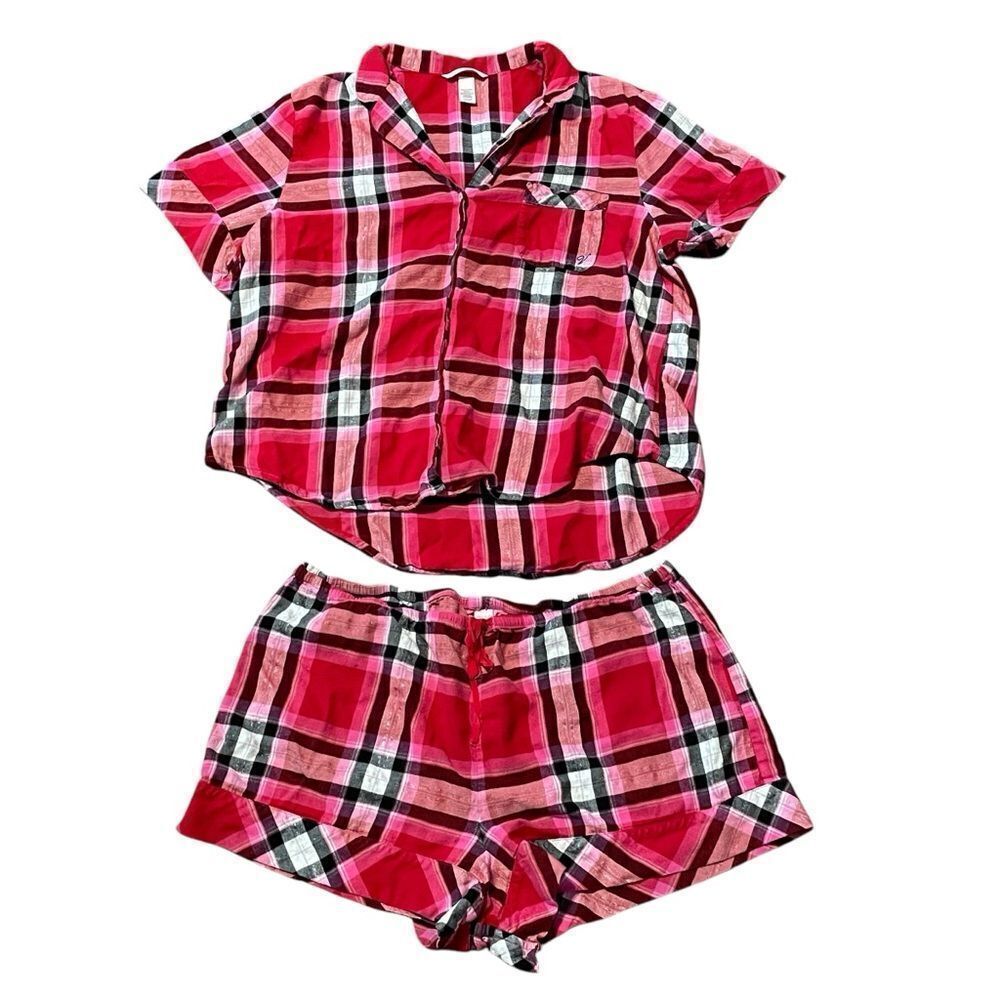 Victoria’s Secret Plaid Short Sleeve Shorts Pajama Set Red Pink White Black XL